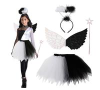 Générique Deguisement Carnaval Fille Robe Ange Ailes, Costume Fée Blanche Noël Spectacle, Tenue Princesse Céleste Mignonne, Vêtement Cérémonie Enfant(Black, One Size)