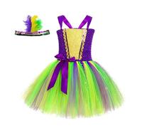 Générique Deguisement Carnaval Fille Robe, Tenue Princesse Colorée Lumineuse Soirée, Costume Cérémonie Enfant Élégant, Robe Bal Pompeuse Mignonne(Green, L)