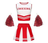 Générique Deguisement Carnaval Pom Pom Girl, Tenue Cheerleader Femme Uniforme Lycéenne, Costume Sportif Fête Étudiante, Ensemble Danseuse avec Pompons(Red, 9-10Y)