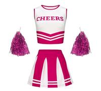 Générique Deguisement Carnaval Pom Pom Girl, Tenue Cheerleader Femme Uniforme Lycéenne, Costume Sportif Fête Étudiante, Ensemble Danseuse avec Pompons(9-10Y)