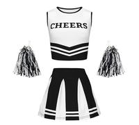 Générique Deguisement Carnaval Pom Pom Girl, Tenue Cheerleader Femme Uniforme Lycéenne, Costume Sportif Fête Étudiante, Ensemble Danseuse avec Pompons(Black, 7-8Y)
