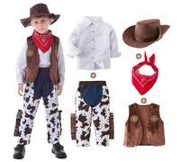 Générique Deguisement Costume de Cowboy avec Gilet, Chemise, Pantalon, Écharpe, Chapeau Cowboy Western Deguisement pour Garçons Costume pour Carnival Cosplay Party