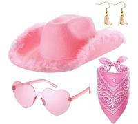 Générique Deguisement Cowgirl Fille 4 pièces Tenue de Cowgirl Rose Costume Accessoires Avec chapeau, écharpe, lunettes, boucles d'oreilles pour Hippie Disco de Carnaval Masqué Cosplay