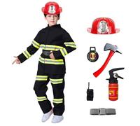 Générique Déguisement de Pompier Complet Ce déguisement de pompier complet, avec veste manches longues, pantalon, casque de pompier, extincteur, talkie walkie et hache