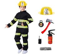 Générique Déguisement de Pompier Complet Ce déguisement de pompier complet, avec veste manches longues, pantalon, casque de pompier, extincteur, talkie walkie et hache