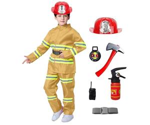 Générique Déguisement de Pompier Complet Ce déguisement de pompier complet, avec veste manches longues, pantalon, casque de pompier, extincteur, talkie walkie et hache