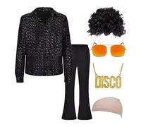 Générique Deguisement disco Homme 4Pcs, Costume disco des années 80 avec perruque, chemise à paillettes, pantalon évasé et accessoires disco pour carnaval, Halloween, années 70, Costume hippie S-XXL