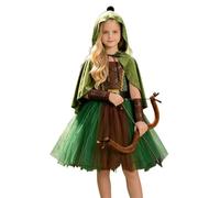 Générique Déguisement Enfant Fille Tenue D'Archère Médiévale Avec Cape Pour Jeu De Rôle Et Carnaval Robe De Chasseuse Déguisement Guerrière Enfant Courageuse(Green, 6-7 Years)