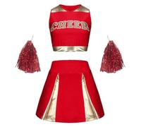 Générique Deguisement Femme Carnaval Pom Pom Girl, Robe Cheerleader Paillettes Uniforme Américain, Costume Danseuse Sportive Sexy, Tenue Fête Étudiante(Red, 130.00)