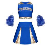 Générique Deguisement Femme Carnaval Pom Pom Girl, Robe Cheerleader Paillettes Uniforme Américain, Costume Danseuse Sportive Sexy, Tenue Fête Étudiante(Blue, 120.00)
