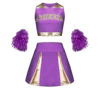 Générique Deguisement Femme Carnaval Pom Pom Girl, Robe Cheerleader Paillettes Uniforme Américain, Costume Danseuse Sportive Sexy, Tenue Fête Étudiante(Purple, 130.00)