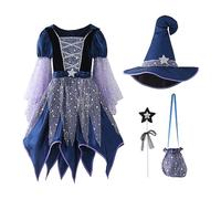 Générique Déguisement Halloween Bébé,Deguisement Ado 2 Ans Robe Noire Sorcière Femme Costume Set Magique Pour Enfants Mon 1Er Fille 6 Ceremonie Chapeau Pointu Violet Fête (c-Bleu,12-14 ans)
