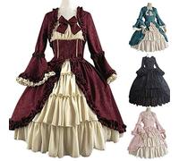 Générique Deguisement Halloween Femme Costume de Cour Gothique Médiéval Vintage Robe Nœud Papillon à Col Carré et Taille Zigzag Robe Princesse Lolita Cosplay, Vin, 3XL