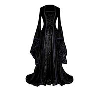 Générique Deguisement Halloween Femme Médiéval Déguisement Adulte Maxi Robe à Capuche Manches évasées Cosplay Vampire Sorcière Reine Costume Halloween Toussaint Carnaval Drame Fête (Black, M)