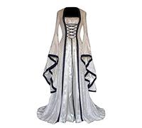 Générique Deguisement Halloween Femme Médiéval Déguisement Adulte Maxi Robe à Capuche Manches évasées Cosplay Vampire Sorcière Reine Costume Halloween Toussaint Carnaval Drame Fête (White, S)