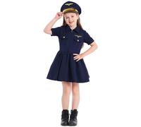 Générique Deguisement Halloween Fille Costume Cosplay Pilote Bleu Marine Robe Capitaine Déguisement Halloween 2-14Y