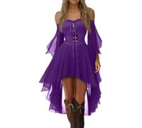 Générique Deguisement Halloween Gothique Femme, Manches Papillon en Dentelle Épaules Dénudées, Robe Médiévale Steampunk Costume Halloween , A-Violet Rose, L