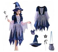 Générique Deguisement Halloween Sorciere Enfant Fille 4 Pièces Halloween Costume Sorciere Robe avec Chapeau Magique, Sac à Main et Baguette Magique, pour Halloween, Carnaval et Fêtes 4-14 ans
