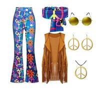 Générique Deguisement Hippie Femme Annee 70, Ensemble de Costume Hippie Femme Année 70 et 60 Accessoires Costume Hippie Femme Adulte Déguisement Disco pour Carnaval Halloween