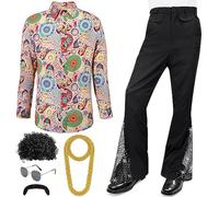 Générique Déguisement Homme Ensemble Disco Six Pièces À Fleurs Pour Carnaval Et Soirée Rétro Tenue De Danseur Déguisement Complet Pour Homme Seventies(Light Yellow, S)