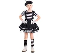 Générique Déguisement Mime 4 Pièces pour Fille Costume Rayé Noir et Blanc avec Béret, Tenue de Carnaval, Mardi Gras, Halloween, Soirée Thématique Fête Déguisée pour Spectacle Clown, Cirque, École