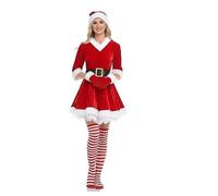 Générique Déguisement Noël Femme Costume De Père Noël Élégant pour Fête D'Année Tenue Complète Adulte Robe en Velours Rouge avec Bonnet Gloves Ceinture Bas Rayures Déguisement Femme Adulte (Red, XL)