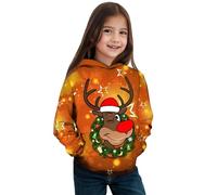 Générique Déguisement Noel Pull Enfant Fille Manches Longues Sweat À Capuche Décontracté Imprimé Petit Renne Noël Doux Polaire pour Fêtes Cozy Sweat Shirt Vêtement Fille 12 Ans