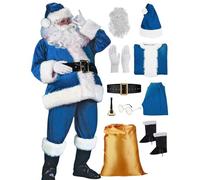 Générique Deguisement Pere Noel Adulte Costume Pere Noel Adulte Costume De Père Noël Pour Hommes 10 Pcs Ensemble De FêTe Le costume Du Pere Noël Barbe Bonnet De Père noël Barbe (B-Blue, S)