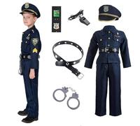 Générique Déguisement Policier Enfant Garçon - Costume Cosplay De Flic 7 Pièces | Uniforme Avec Chemise, Pantalon, Chapeau, Ceinture, Menottes Jouets, Identification Du Jouet, Sifflet Pour Halloween