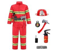 Générique Déguisement Pompier Enfant Halloween Costume avec Casque et 8 Accessoires Extincteur a Eau Jeu Rôle Tenue Garçon Fille Cosplay Uniforme Ensemble pour Halloween