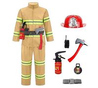 Générique Déguisement Pompier Enfant Halloween Costume avec Casque et 8 Accessoires Extincteur a Eau Jeu Rôle Tenue Garçon Fille Cosplay Uniforme Ensemble pour Halloween