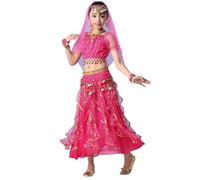 Générique DéguisementBollywood EnfantCostume Danse Orientale Robe IndienneSariCarnaval Fille Deguisement Ensemble Complet avec Haut Robe Parurede Tête Voile et Ceinture (8-10 Ans)