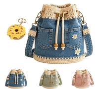 Générique Denim Crochet Bucket Bag, Drawstring Crossbody Handmade Crochet Jean Tote Adjustable Strap for Travel, Shopping, Beach & Daily Use