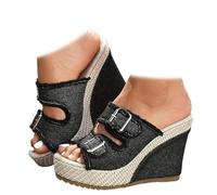 Générique Denim Wedge Sandals for Women 2026 Chunky High Heels Breathable Ankle Strap Summer Slippers Walking Vacation Shoes for Women Comfortable (Black,39)