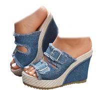 Générique Denim Wedge Sandals for Women 2026 Chunky High Heels Breathable Ankle Strap Summer Slippers Walking Vacation Shoes for Women Comfortable (Blue,36)