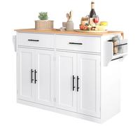 Générique Desserte de Cuisine, Chariot de Service Roulant, Armoire de Rangement sur roulettes, avec Plan de Travail Extensible et Pieds en Bois interchangeables, 2 tiroirs Placard 4 Portes, Blanc