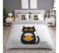 Générique Dessin Animé Chat Noir Bocal Poisson Rouge Parure de Lit avec Fermetures éclair - Ensembles de Housses de Couette - Blanc, Housse de Couette 240 x 260 + 2 Taies d'oreiller 65 x 65