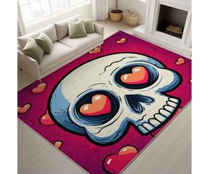 Générique Dessin Animé Crâne Cœurs Amour Tapiss de Cœurs Amour Doux Tapis Imprimé Tapis Lavable 120 x 170 cm, Tapis de Antidérapant pour Chambre Salle à Manger Bureau, Blanc