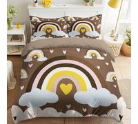 Générique Dessin Animé Dessin d'enfant Housse de Couette Multicolore Cœur Câlin Nuage Parure de Lit Literie Set Enfants Adultes 240 x 220 cm avec Taie d'oreiller Doux Décoration de Chambre, Marron