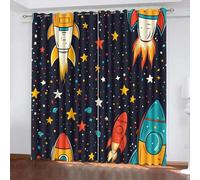 Générique Dessin Animé Étoiles Fusée Rideaux,3D Noir Occultant Rideau,Thermiques Isolants Lavable en Machine Anti Chaleur À Oeillets Rideau pour Salon Couloir Hôtel Chambre 2 Panneaux L70 x H160 CM