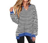 Générique Diligentup Womens Oversized Sweatshirt V Neck Long Sleeve Tunic Lightweight Pullover 2025 Fall Loose Striped Sweatshirt (Black White Stripes,M)