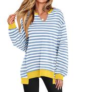 Générique Diligentup Women's Oversized Sweatshirt V-Neck Long Sleeve Tunic Lightweight Pullover, Fashion Cozy & Trendy Loose Top (Blue Stripes,M)