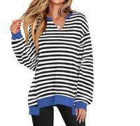 Générique Diligentup Women's Oversized Sweatshirt V-Neck Long Sleeve Tunic Lightweight Pullover, Fashion Cozy & Trendy Loose Top (Black Stripes,TG)