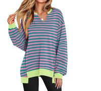 Générique Diligentup Women's Oversized Sweatshirt V-Neck Long Sleeve Tunic Lightweight Pullover, Fashion Cozy & Trendy Loose Top (Pink Stripes,M)