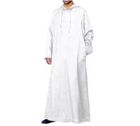 Générique Djellaba Homme Coton Lin Manches Longues Qamis de Priere Caftan Musulman avec Capuche Jelaba avec Poche Kamis Islamique Boubou Africain Robe Arabe Gandoura Abaya Dubai Blanc M