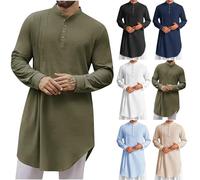 Générique Djellaba Homme Lin Manches Longues Qamis de Priere Caftan Jelaba Musulman Kamis Islamique avec Boutons Boubou Africain Robe Arabe Col Mao Gandoura Classique Abaya Dubai Vert armée M