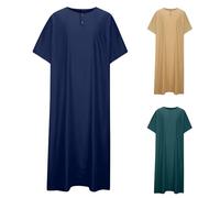 Générique Djellaba Homme Manches Courtes Qamis de Priere Caftan Baggy Jelaba Musulman Kamis Islamique avec Boutons Boubou Africain Robe Arabe Gandoura Couleur Unie Abaya Dubai Vetements marin M