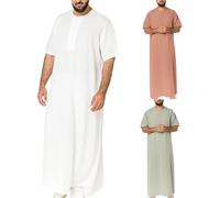Générique Djellaba Homme Manches Courtes Qamis de Priere Caftan Baggy Jelaba Musulman Kamis Islamique avec Boutons Boubou Africain Robe Arabe Gandoura Couleur Unie Abaya Dubai Vetements Blanc M