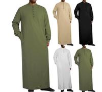 Générique Djellaba Homme Manches Longues Qamis de Priere Caftan Musulman avec Poche Jelaba Baggy Kamis Islamique Boubou Africain Robe Arabe Gandoura Col Mao Abaya Dubai Vetements Vert armée 3XL