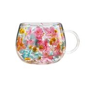 Générique Double Glass Cup - 250ml Colorful Petals Glassware with Handle, Dried Flower Insulated Glass Cup for Hot Cold Drinking Water Tea Whiskey Office, Home Drinkware Mug Set